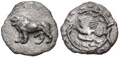 SIKYONIA, Sikyon. Circa 431-400 BC. AR Hemiobol (7.5mm, 0.31 g, 7h). Lion standing left / Dove flying left within wreath. BCD Peloponnesos 208; HGC 5, 247. VF, porous. Rare. From the J. Cohen Collecti