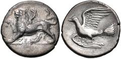 SIKYONIA, Sikyon. Circa 330/20-280 BC. AR Triobol – Hemidrachm (16.5mm, 2.68 g, 11h). Chimaera standing left / Dove flying left. BCD Peloponnesos 285.1; HGC 5, 213. VF, toned, some die rust and porosi