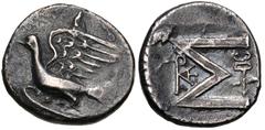 SIKYONIA, Sikyon. Circa 100-60 BC. AR Triobol (14.5mm, 2.15 g, 9h). Dove flying left / Large Σ; monogram to left, winged kerykeion to right. BCD Peloponnesos 349; HGC 5, 216. VF, toned, struck from wo