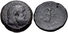 ACHAIA, Patrai. Circa 45-40 BC. Æ Hexachalkon or Hemiobol (21mm, 8.01 g, 4h). Metrodoros, son of Menekles, magistrate. Bearded head of Herakles right, wearing tainia / Athena advancing right, holding 