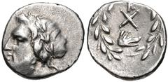 ACHAIA, Achaian League. Argos. Circa 195-188 BC. AR Triobol – Hemidrachm (15.5mm, 2.43 g, 11h). Laureate head of Zeus left / Achaian League monogram; monogram above; below, head of wolf right; all wit