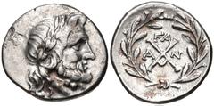 ACHAIA, Achaian League. Elis. Circa 175-168 BC. AR Triobol – Hemidrachm (16mm, 2.36 g, 9h). Laureate head of Zeus right / Achaian League monogram; FA above, A-N across field; all within wreath. Benner