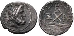 ACHAIA, Achaian League. Elis. Circa 50-25 BC. AR Triobol – Hemidrachm (17mm, 1.97 g, 3h). Nikos, magistrate. Laureate head of Zeus right; EΠI NIKOΣ to left / Achaian League monogram; FA monogram above