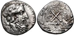 ACHAIA, Achaian League. Elis. Circa 50-25 BC. AR Triobol – Hemidrachm (15mm, 2.17 g, 5h). Kalippos, magistrate. Laureate head of Zeus right; [KAΛΛIΠΠOΣ to left] / Achaian League monogram; monogram abo