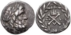 ACHAIA, Achaian League. Megara. Circa 160-146 BC. AR Triobol – Hemidrachm (15mm, 2.31 g, 1h). Laureate head of Zeus right / Achaian League monogram; kithara above, Δ-I across field; all within wreath.