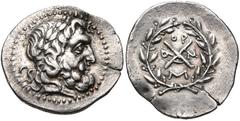 ACHAIA, Achaian League. Messene. Circa 175-168 BC. AR Triobol – Hemidrachm (18mm, 2.37 g, 4h). Laureate head of Zeus right / Achaian League monogram; OP above, O-N across field, M below; all within wr