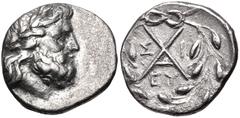 ACHAIA, Achaian League. Sikyon. Circa 195-188 BC. AR Triobol – Hemidrachm (14.5mm, 2.26 g, 3h). Laureate head of Zeus right / Achaian League monogram; Σ-I across field. EY below; all within wreath. Be