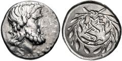 ACHAIA, Achaian League. Sikyon. Circa 160-146 BC. AR Triobol – Hemidrachm (13.5mm, 2.43 g, 6h). Laureate head of Zeus right / Achaian League monogram; monogram above, N-I across field; below, dove fly