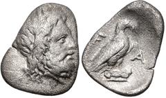 ELIS, Olympia. 107th-108th Olympiad. 352-348 BC. AR Hemidrachm (14mm, 2.31 g, 11h). Laureate head of Zeus right / Eagle standing right on Ionic capital. BCD Olympia 139–42; HGC 5, 441. Fine, porous, i