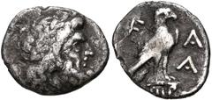 ELIS, Olympia. 131st-132nd Olympiad. 256/2 BC. AR Hemidrachm (16mm, 2.07 g, 4h). Laureate head of Zeus right / Eagle standing right on Ionic capital. Seltman, Temple, pl. VIII, 30; BCD Olympia 226; HG