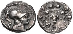MESSENIA, Korone. Circa 100-50 BC. AR Triobol – Hemidrachm (15mm, 2.30 g, 1h). Helmeted head of Athena right / Grape bunch; H below; all within ivy wreath. Grandjean pl. XXVI, 6; BCD Peloponnesos 786;