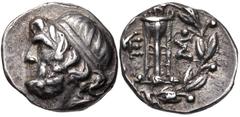 MESSENIA, Messene. Late 2nd century BC. AR Triobol – Hemidrachm (13mm, 2.56 g, 4h). Diademed head of Zeus left / Tripod within laurel wreath. Grandjean Series X, Em. β. 98–123 var. (unlisted dies); BC