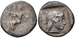 ARKADIA, Arkadian League. Circa 450-440/30 BC. AR Triobol – Hemidrachm (14mm, 2.86 g, 1h). Mantinea mint. Zeus Lykaios seated left, holding scepter; eagle flying left from his hand / Head of Kallisto 
