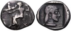 ARKADIA, Arkadian League. Circa 465-460 BC. AR Obol (10.5mm, 0.85 g, 12h). Kleitor mint. Zeus Lykaios seated left, holding scepter; eagle flying left from his hand / Head of Kallisto right within incu