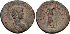 MESSENIA, Thuria. Geta. As Caesar, AD 198-209. Æ Assarion (23mm, 5.51 g, 2h). Struck circa AD 198-205. Bareheaded, draped, and cuirassed bust right / Athena standing left, holding phiale and spear Λ-A