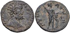 LACONIA, Gythium. Septimius Severus. AD 193-211. Æ Assarion (22mm, 4.91 g, 4h). Laureate head right / Apollo standing right, leaning on low tree trunk entwined with serpent, resting hand on head and h