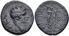 LACONIA, Lacedaemon (Sparta). Claudius. AD 41-54. Æ As (21mm, 10.22 g, 6h). Bare head right / Apollo Karneios standing facing, leaning on low column, resting hand on head and holding cornucopia. BCD P