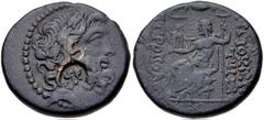 SELEUKIS and PIERIA, Antioch. Pseudo-autonomous issues. 1st century BC. Æ Tetrachalkon (24.5mm, 13.26 g, 1h). Dated year 19 of the Pompeian Era (46/5 BC). Laureate head of Zeus right; c/m: female head
