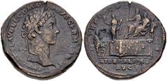 Commodus. As Caesar, AD 166-177. Æ Sestertius (32mm, 27.17 g, 12h). Rome mint. Struck under Marcus Aurelius and Commodus, AD 177 . Laureate head right / Distribution scene: Marcus Aurelius and Commodu