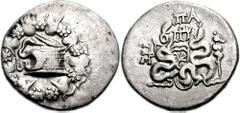 MYSIA, Pergamon. Circa 76-67 BC. AR Cistophoric Tetradrachm (27mm, 11.46 gm). Cista mystica with serpent; all within ivy wreath / Bow-case with serpents; snake-entwined staff to the right, ΠA and mono