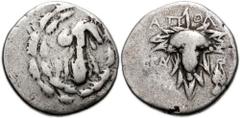 LYDIA, Tralles. Circa 128-85 BC. AR Cistophoric Didrachm (20mm, 5.93 gm). Apoll..., magistrate. Club draped with lion's skin; all within wreath / Grape cluster, leaves around; hand holding caduceus ri