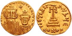CONSTANS II. 641-668 AD. AV Solidus (18mm, 4.39 gm). Constantinople mint. Struck 654-659 AD. Crowned facing busts of Constans and Constantine IV / Cross potent on three steps; E/CONOB. DOC II 25e; SB 