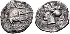 SICILY, Syracuse. Dionysios I. 405-367 BC. AR Hemidrachm (15.5mm, 1.71 g, 9h). Obverse die signed by the artist E– (Euarchidas or Euainetos?). Struck circa 405-400 BC. Charioteer driving fast quadriga