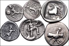 THESSALY. Lot of six (6) silver coins. Includes: PELINNA. AR Obol // PERRHAIBOI. AR Obol // PHARKADON. AR Hemidrachm // SKOTOUSSA. AR Triobol // THEBAI. AR Hemidrachm // TRIKKA. AR Hemidrachm. Good Fi
