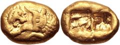 KINGS of LYDIA. Kroisos. Circa 564/53-550/39 BC. AV Stater (17mm, 10.78 g). Heavy standard. Sardes mint. Prototype issue. Confronted foreparts of lion, with sun on forehead, and bull / Two incuse squa