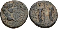 LYDIA, Magnesia ad Sipylum. Nero, with Agrippina Junior. AD 54-68. Æ (17mm, 3.53 g, 12h). Struck AD 54-59. Conjoined laureate head of Nero and draped bust of Agrippina right / Agrippina as Demeter sta