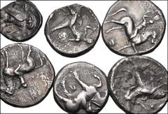 GREEK. Magna Graecia & Sicily. Lot of six (6) AR issues. All coins: CALABRIA, Tarentum. AR Nomos. Different varieties (5 coins) // Lot also includes one (1) AR Drachm from Tarentum. Fine to VF, all wi