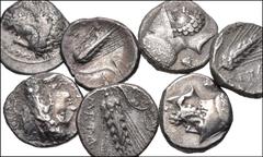 GREEK. Magna Graecia & Sicily. Lot of seven (7) AR Nomoi. All coins: LUCANIA, Metapontion. AR Nomos. Various types. Fine to VF, all with some sort of corrosion and/or deposits. LOT SOLD AS IS, NO RETU
