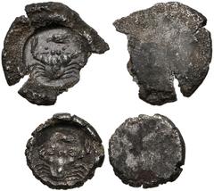 GREEK. Magna Graecia & Sicily. Lot of two (2) Uniface AR from Akragas. All coins: Each with head of eagle above crab. EF and VF, toned, edge chips. LOT SOLD AS IS, NO RETURNS. Two (2) coins in lot. Fr