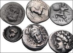 Greek THESSALY. Lot of six (6) silver coins. Includes: KIERION. AR Hemiobol // LAMIA. AR Obol // METROPOLIS. AR Obol // PELINNA. AR Obol // PERRHAIBOI. AR Obol // PHARSALOS. AR Trihemiobol. Good Fine–