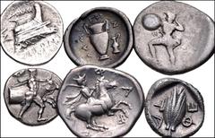 Greek THESSALY. Lot of six (6) silver coins. Includes: DEMETRIAS. AR Tetrobol // LAMIA. AR Hemidrachm // PELINNA. AR Drachm // PERRHAIBOI. AR Hemidrachm // PHARSALOS. AR Drachm // THESSALIAN LEAGUE. A