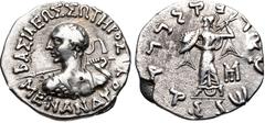 Oriental Greek BAKTRIA, Indo-Greek Kingdom. Menander I Soter. Circa 155-130 BC. AR Drachm (18mm, 2.36 g, 12h). Diademed heroic bust left, seen from behind, wearing aegis and brandishing spear / Athena