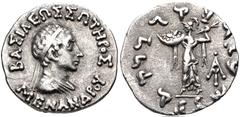 Oriental Greek BAKTRIA, Indo-Greek Kingdom. Menander I Soter. Circa 155-130 BC. AR Drachm (18mm, 2.36 g, 12h). Diademed and draped bust right / Athena Alkidemos standing left; monogram to right. Bopea