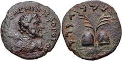 Oriental Greek BAKTRIA, Indo-Greek Kingdom. Antialkidas Nikephoros. Circa 130-120 BC. Æ (25mm, 7.22 g, 12h). Draped bust of Zeus rigght, brandishing thunderbolt / Pileoi of the Dioskouroi with two pal