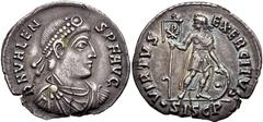 Roman Imperial Valens. AD 364-378. AR Light Miliarensis (24mm, 4.28 g, 12h). Siscia mint. Struck circa AD 367-375. Pearl-diademed, draped, and cuirassed bust right / Valens standing facing, head left,