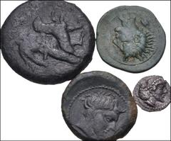 Large Lots GREEK. Magna Graecia & Sicily. Lot of four (4) Sicilian Coins. Includes: SICILY, Gela. Æ Tetras or Trionkion. Jenkins, Gela, Group VIII-IX, 507; CNS 17; HGC 2, 380 // Jenkins, Gela, Group V