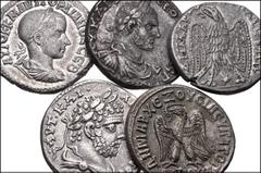 Large Lots ROMAN. Provincial. Lot of five (5) Eastern Mint AR Tetradrachms. Includes: Gordian III from Antioch // Philip II from Antioch // Caracalla from Laodicea ad Mare // Macrinus from Laodicea ad