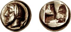 Greek IONIA, Phokaia. Circa 478-387 BC. EL Hekte – Sixth Stater (10.5mm, 2.53 g). Bearded head of King Midas left; to right, small seal downward / Quadripartite incuse square. Bodenstedt Em. 66. VF, l