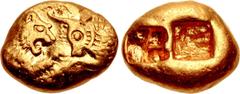 Greek KINGS of LYDIA. Kroisos. Circa 564/53-550/39 BC. AV Stater (17mm, 10.73 g). Heavy standard. Sardes mint. Prototype issue. Confronted foreparts of lion, with sun on forehead, and bull / Two incus