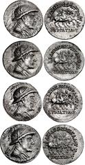 Oriental Greek BAKTRIA, Greco-Baktrian Kingdom. Eukratides I Megas. Circa 170-145 BC. Group of four AR Tetradrachms. All coins: Diademed and draped bust right, wearing crested helmet adorned with bull