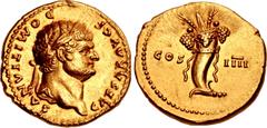 Roman Imperial Domitian. As Caesar, AD 69-81. AV Aureus (19mm, 7.36 g, 6h). Rome mint. Struck under Vespasian, AD 76-77. CAESAR ΛVG F DOMITIΛNVS, laureate head right / COS IIII, cornucopia. RIC II 918