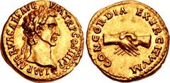 Roman Imperial Nerva. AD 96-98. AV Aureus (18mm, 7.70 g, 6h). Rome mint. Struck AD 97. IMP NERVA CAES AVG P M TR P COS III P P, laureate head right / CONCORDIA EXERCITVVM, two clasped right hands. RIC