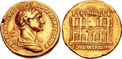 Roman Imperial Trajan. AD 98-117. AV Aureus (19mm, 7.14 g, 7h). Rome mint. Struck AD 112-113. IMP TRAIANVS AVG GER DAC P M TR P COS VI P P, laureate, draped, and cuirassed bust right / Triumphal gatew