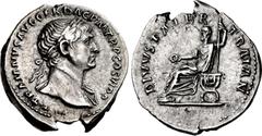 Roman Imperial Trajan, with Trajan Pater. AD 98-117. AR Denarius (19mm, 3.13 g, 6h). Rome mint. Struck AD 112-113. Laureate bust of Trajan right, slight drapery / DIVVS PATER TRAIAN, Marcus Ulpius Tra