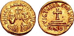 Byzantine Revolt of the Heraclii. 608-610. AV Solidus (16mm, 4.49 g, 6h). Carthage mint. Dated IY 13 (609/10). D N HЄRACΛI CONSVΛI IΓ, bareheaded busts of Heraclius the younger, beardless, and the exa