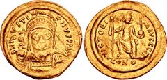 Early Medieval & Islamic UNCERTAIN GERMANIC TRIBES. Circa 565-578. AV Solidus (21mm, 4.27 g, 6h). Imitating a Ravenna mint solidus of Justin II. Uncertain mint. D N I VSTI (star) NVS P P AV, helmeted 